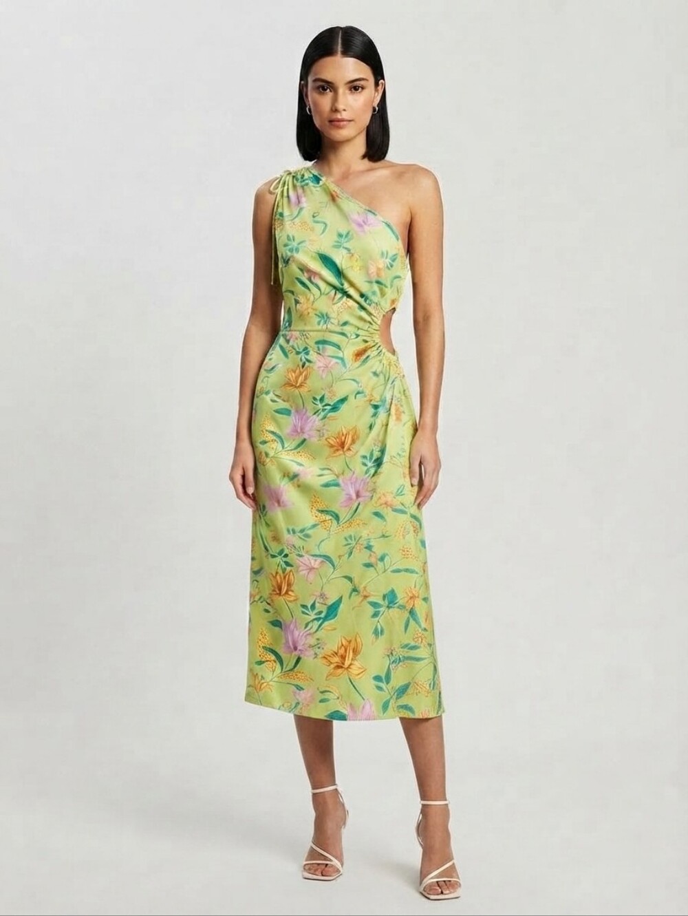 NWOT Lime Green One-Shoulder Floral Midi Dress Size S/6